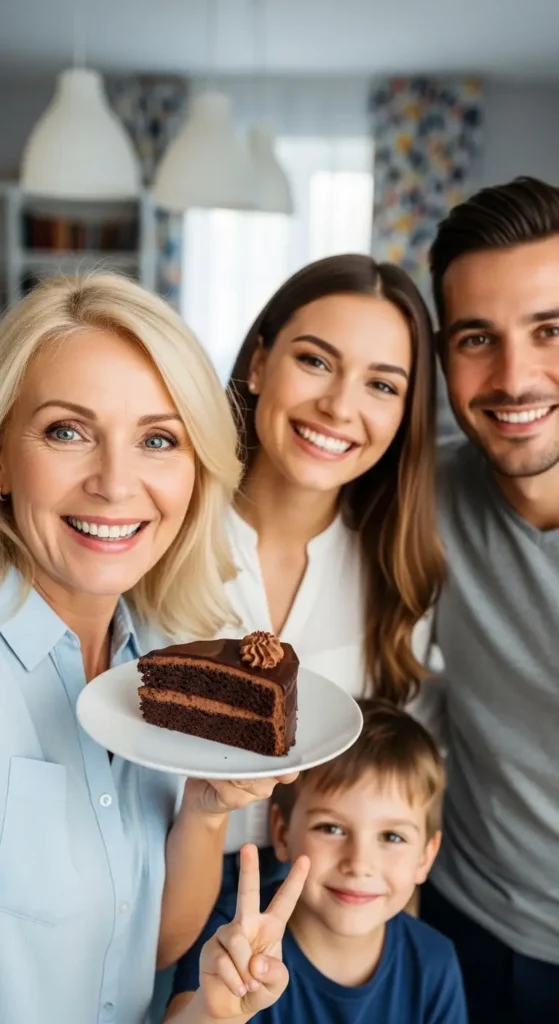 A joyful 59-year-old blonde woman smiling warmly and holding a slice of cake on a plate, surrounded by her celebrating family members in a cozy home setting, symbolizing health and freedom.